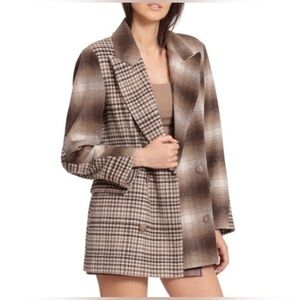 New Avec Les Filles Mixed Brown Plaid Boxy Blazer Size Medium